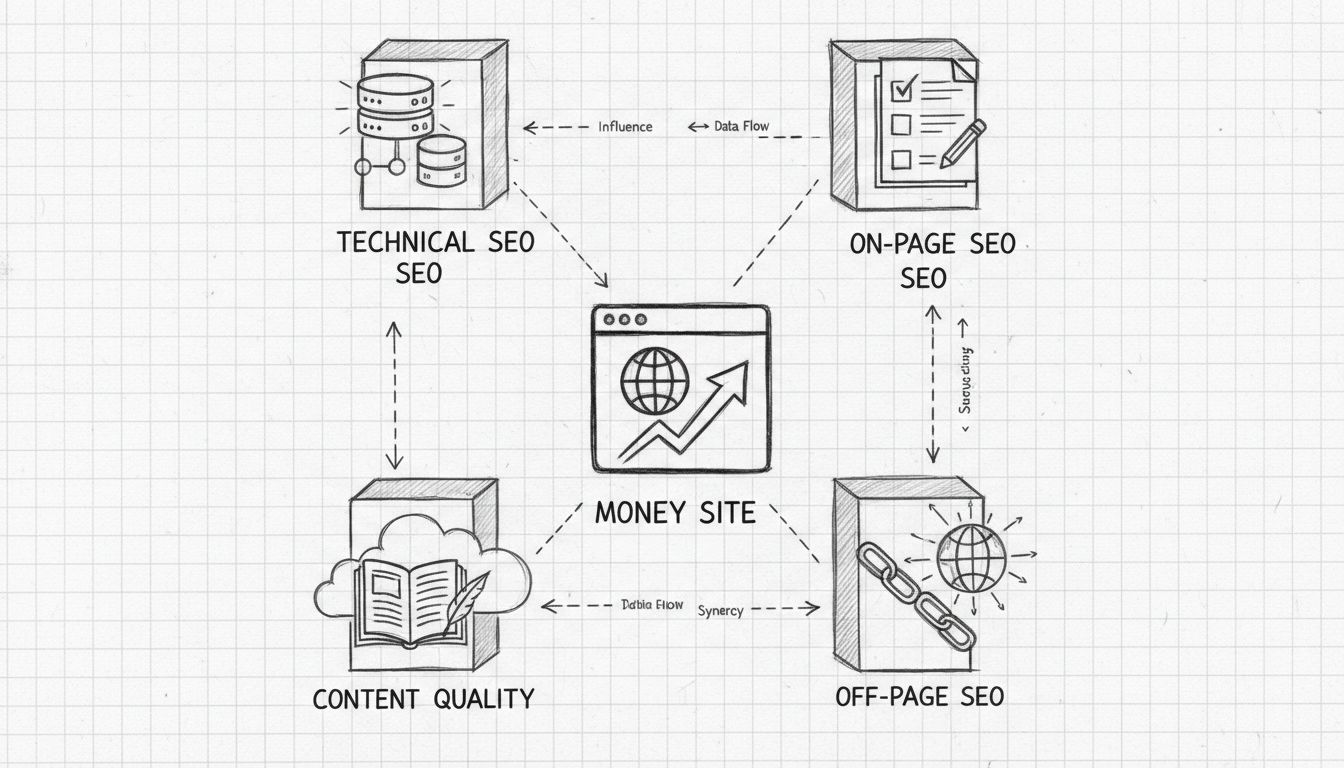 Money site optimization four pillars: Technical SEO, On-Page SEO, Content Quality, and Off-Page SEO