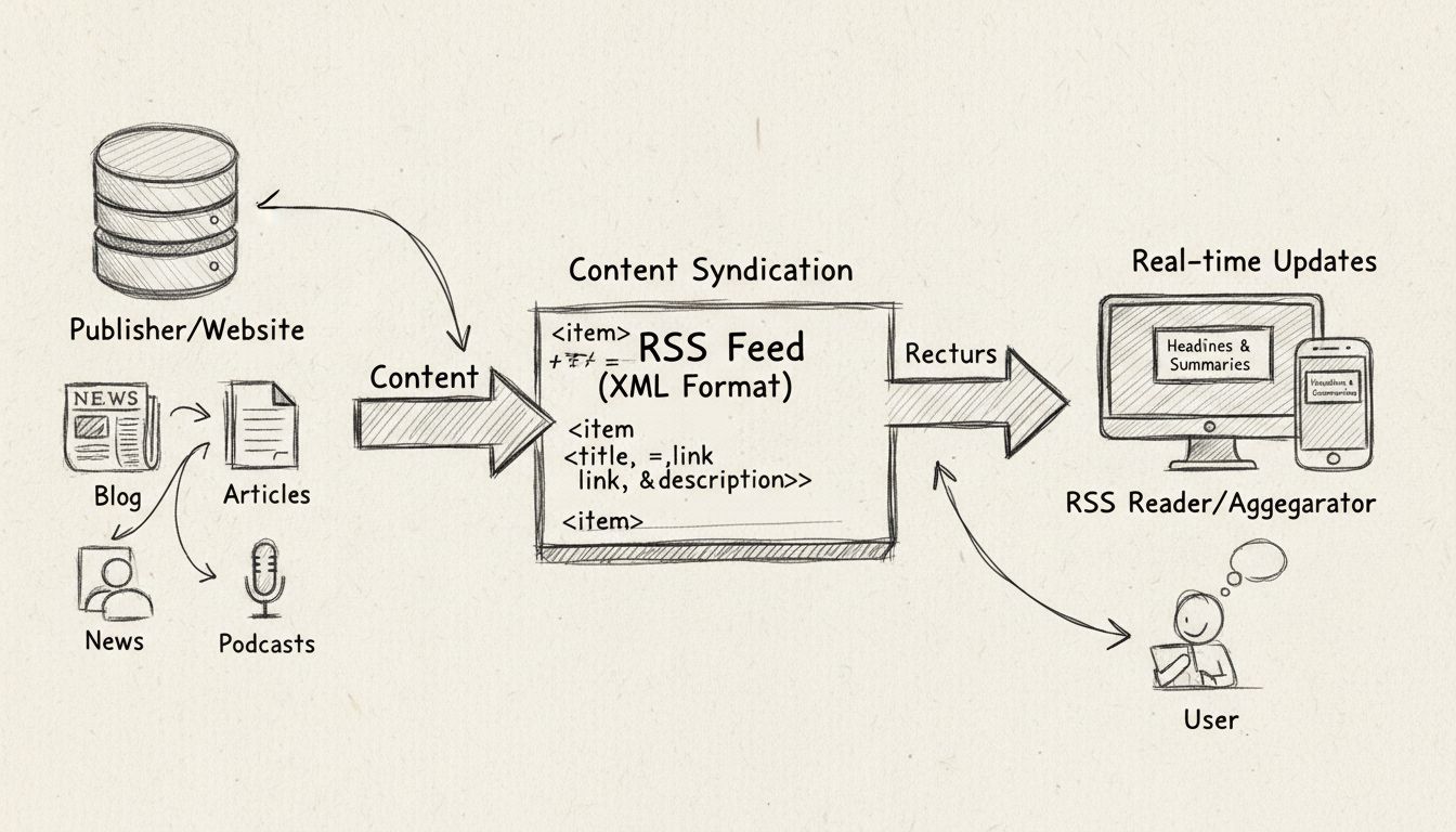 Diagrama hecho a mano que muestra el flujo de trabajo de RSS con sindicación de contenido, actualizaciones en tiempo real, múltiples fuentes, lector RSS y agregación de titulares