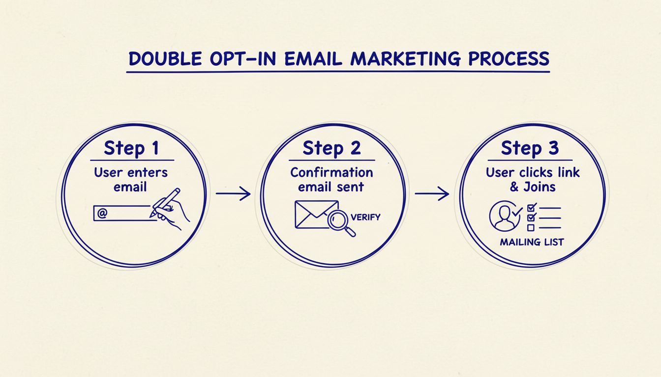 Diagrama del flujo del proceso de double opt-in mostrando tres pasos: el usuario ingresa el correo, se envía el correo de confirmación y el usuario hace clic en el enlace de verificación
