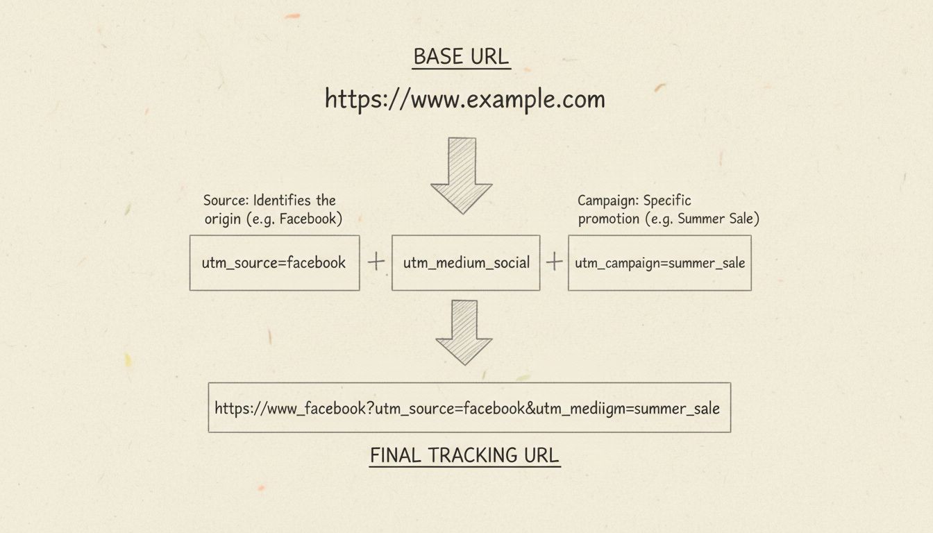 Hand-drawn diagram showing how to create tracking URLs with UTM parameters structure