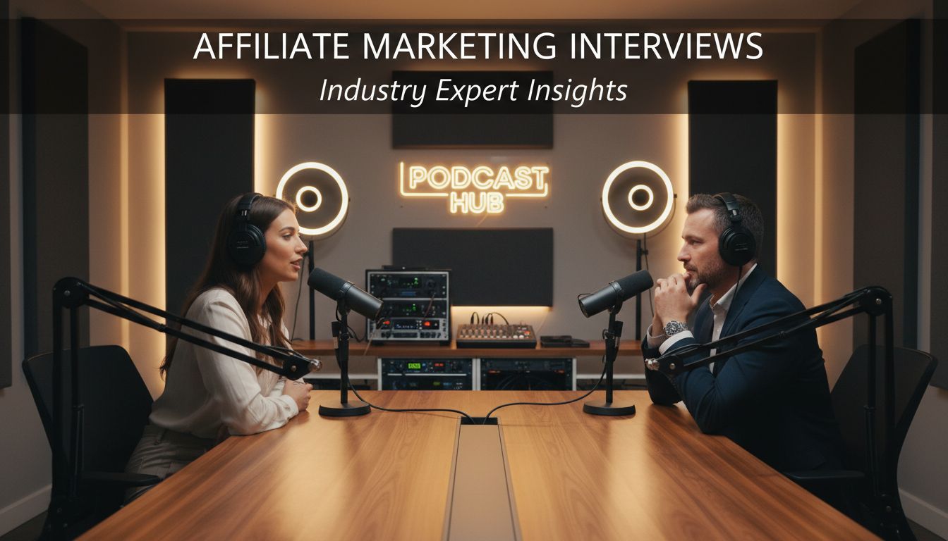 Configuración profesional de entrevista de podcast con expertos en marketing de afiliados discutiendo estrategias y perspectivas
