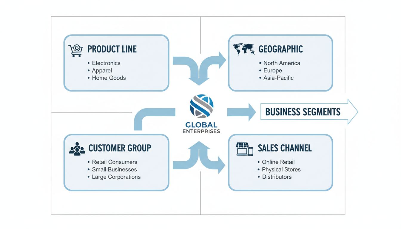 Diagrama de segmentos de negocio que muestra segmentos por línea de producto, geográficos, grupo de clientes y canal de ventas