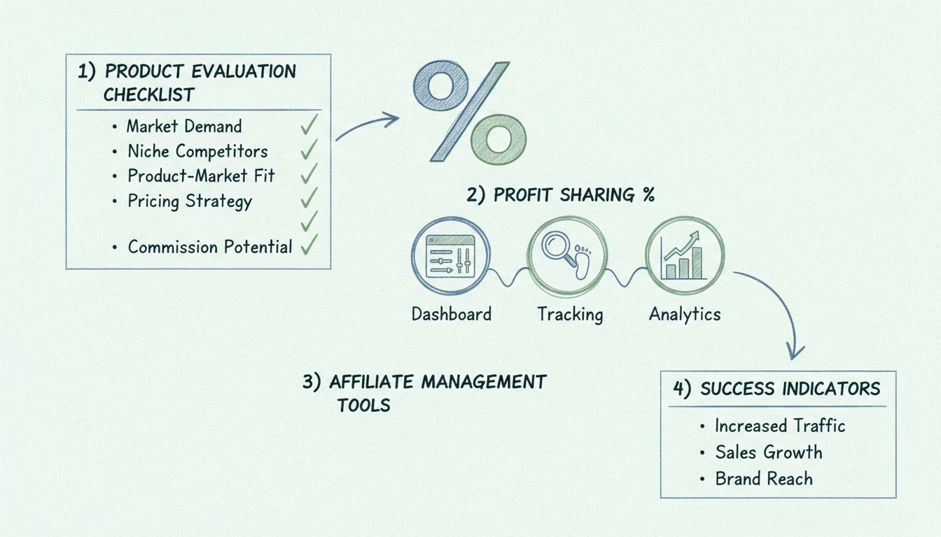 Diagrama dibujado a mano que muestra los pasos para configurar un programa de afiliados incluyendo evaluación de producto, reparto de ganancias y herramientas de gestión