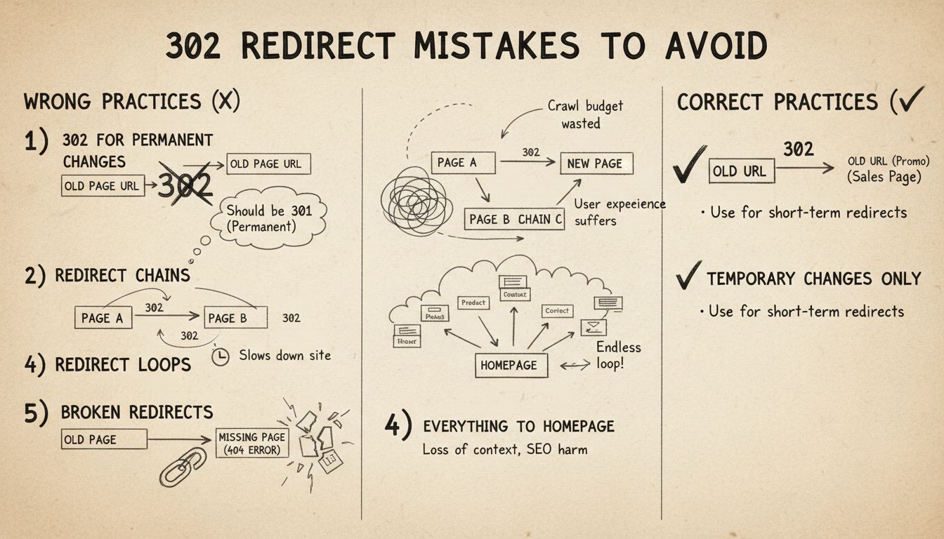 Diagrama técnico que muestra errores a evitar con redirecciones 302, como cadenas, bucles y patrones de uso incorrectos