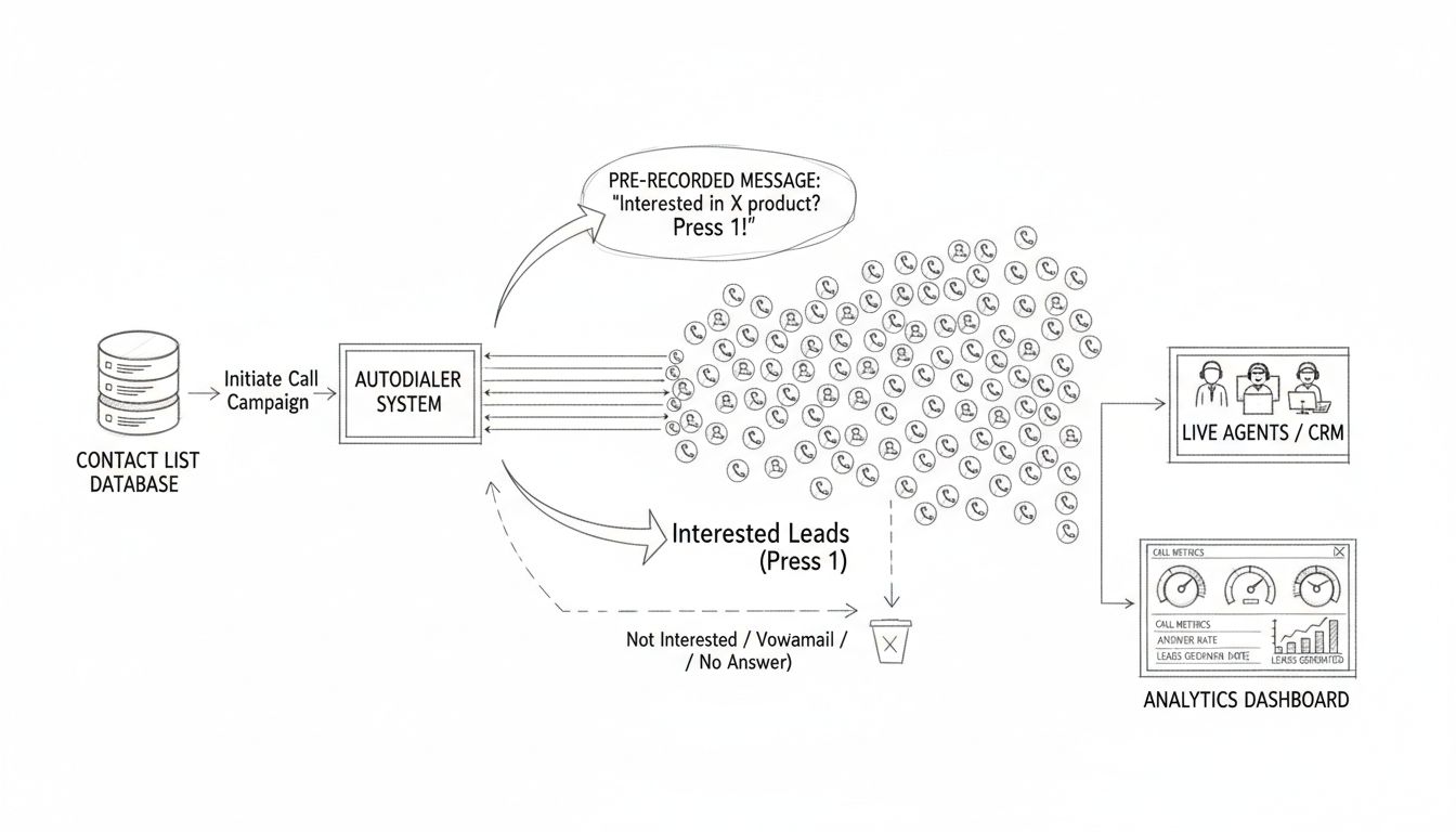 Diagrama del flujo de trabajo de difusión de voz mostrando lista de contactos, sistema de marcador automático, distribución de mensajes, enrutamiento de respuestas y panel de analíticas