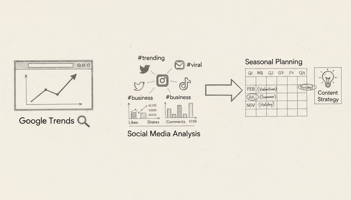 Diagrama del flujo de trabajo de investigación de temas de tendencia mostrando la interfaz de Google Trends, análisis de hashtags en redes sociales y planificación de contenido estacional