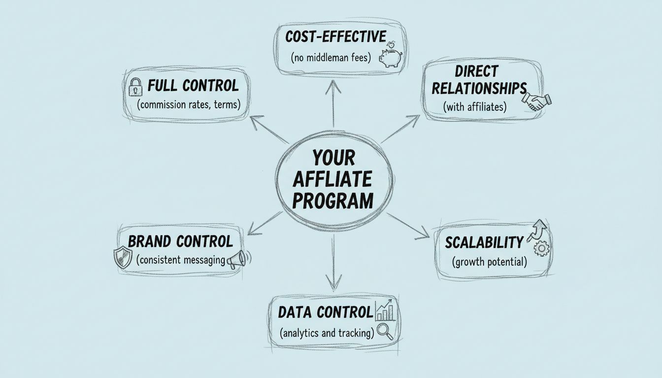 Diagrama dibujado a mano que muestra las seis ventajas clave de crear tu propio programa de afiliados: Control total, Rentable, Relaciones directas, Control de marca, Control de datos y Escalabilidad