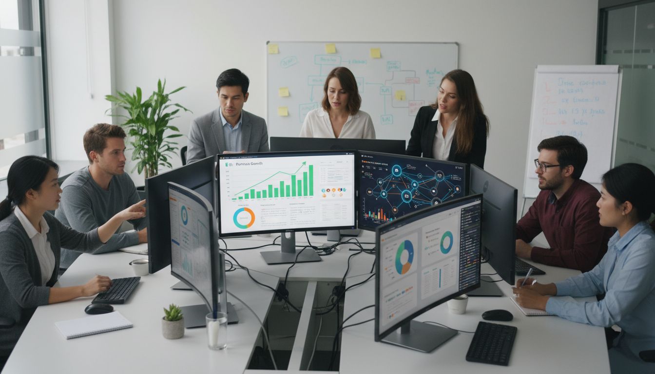 Equipo de startup tecnológica colaborando en una estrategia de marketing de afiliados con un panel mostrando métricas y visualización de red de socios