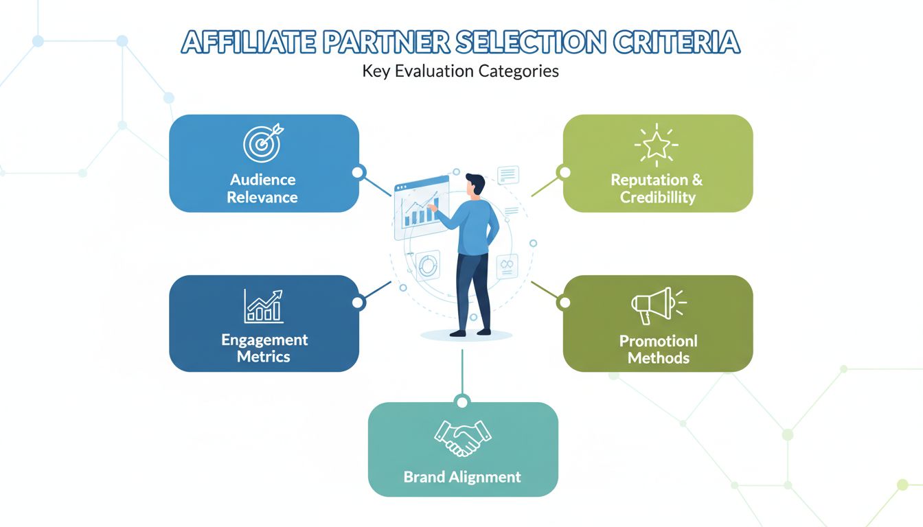 Criterios clave para elegir socios afiliados, incluyendo relevancia de audiencia, reputación, métricas de interacción, métodos de promoción y alineación de marca