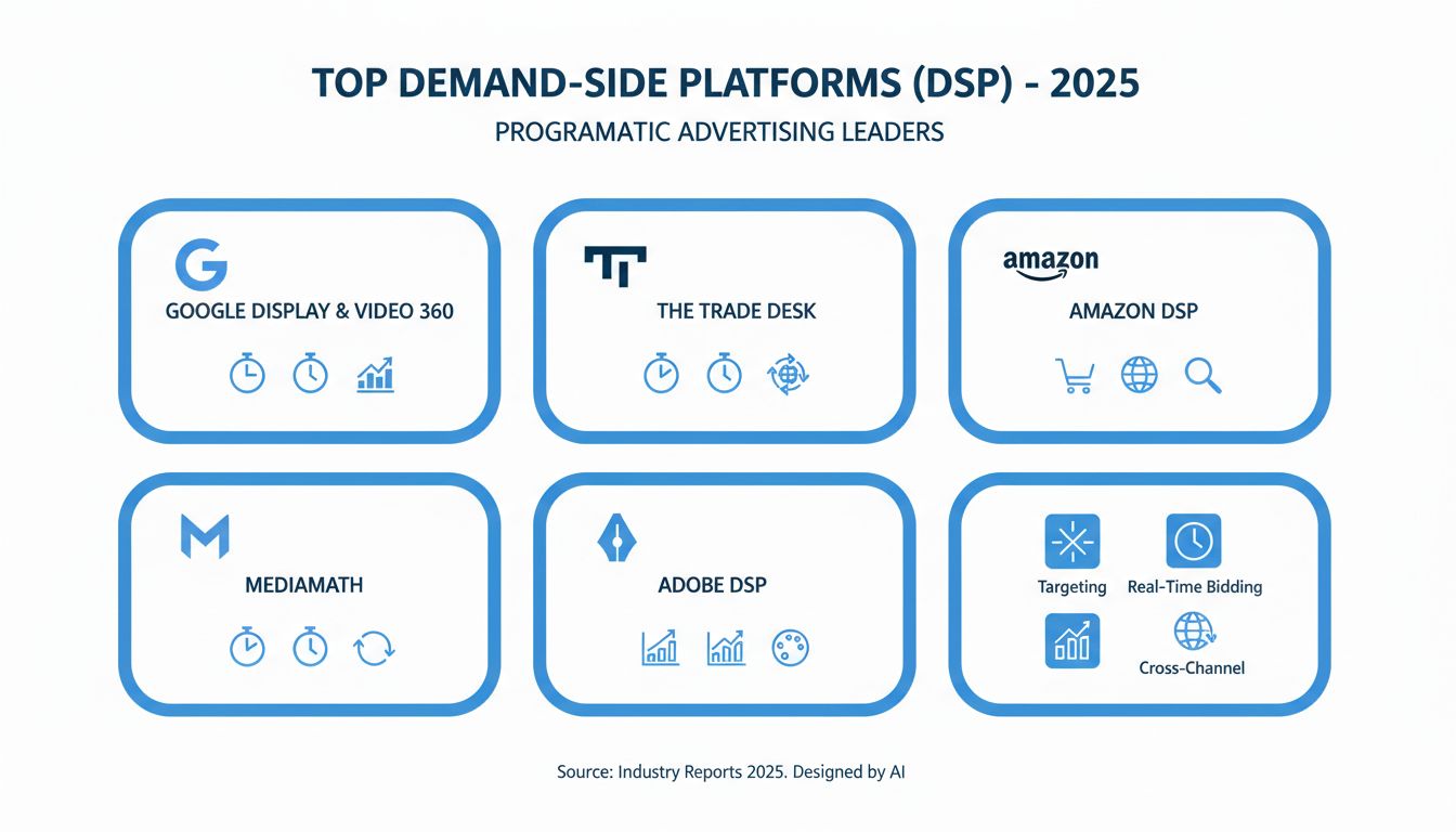 Principales plataformas del lado de la demanda para publicidad programática incluyendo Google Display & Video 360, The Trade Desk, Amazon DSP, MediaMath y Adobe DSP