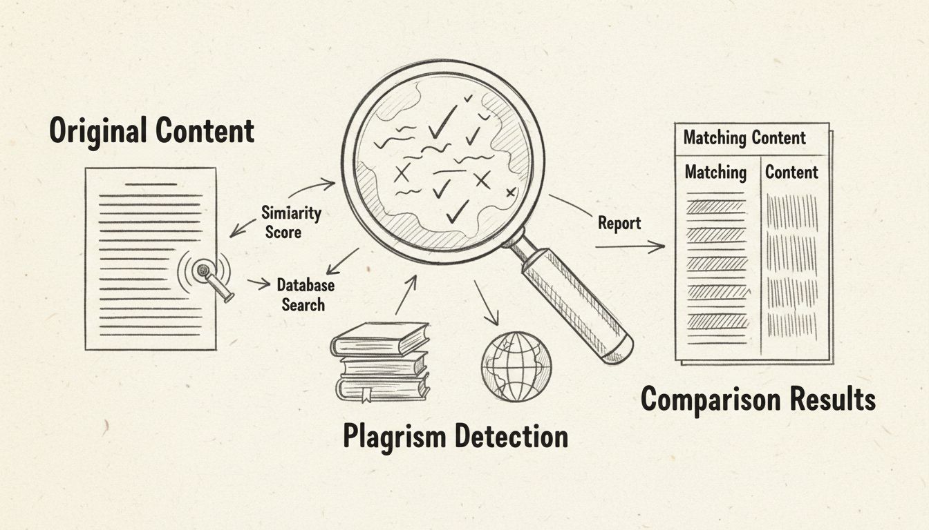 Diagrama a mano alzada que muestra el flujo de trabajo de detección de plagio con escaneo de documentos, análisis comparativo y resaltado de resultados