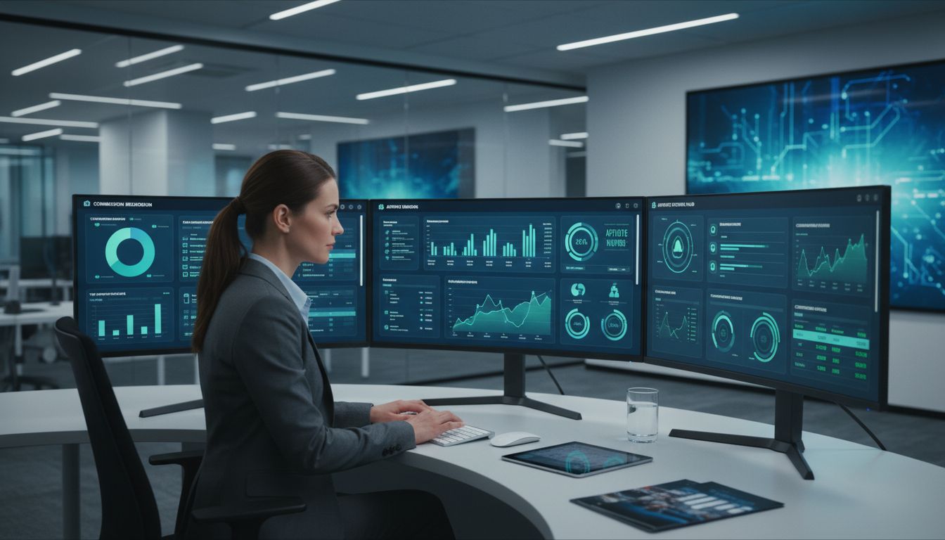 Gerente de afiliados en escritorio con varios monitores mostrando paneles de análisis y métricas de rendimiento