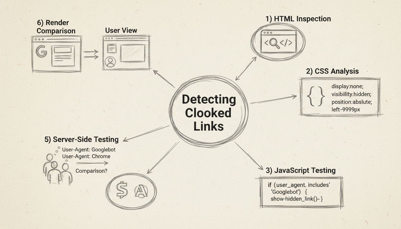 Diagrama que muestra seis métodos para detectar enlaces disfrazados: Inspección de HTML, Análisis de CSS, Pruebas de JavaScript, Herramientas SEO, Pruebas del lado del servidor y Comparación de renderizado