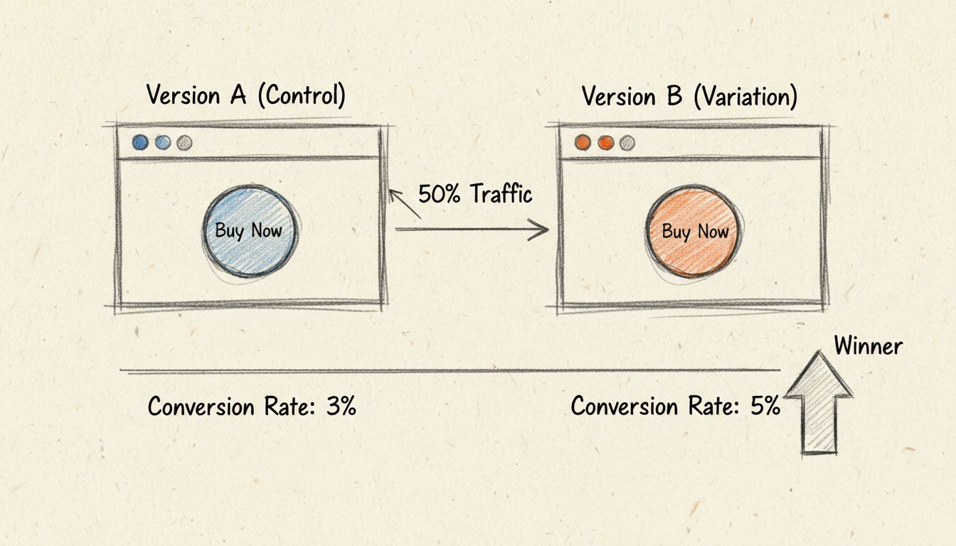 Diagrama de prueba dividida mostrando el control Versión A frente a la variación Versión B con división de tráfico 50% y comparación de tasa de conversión