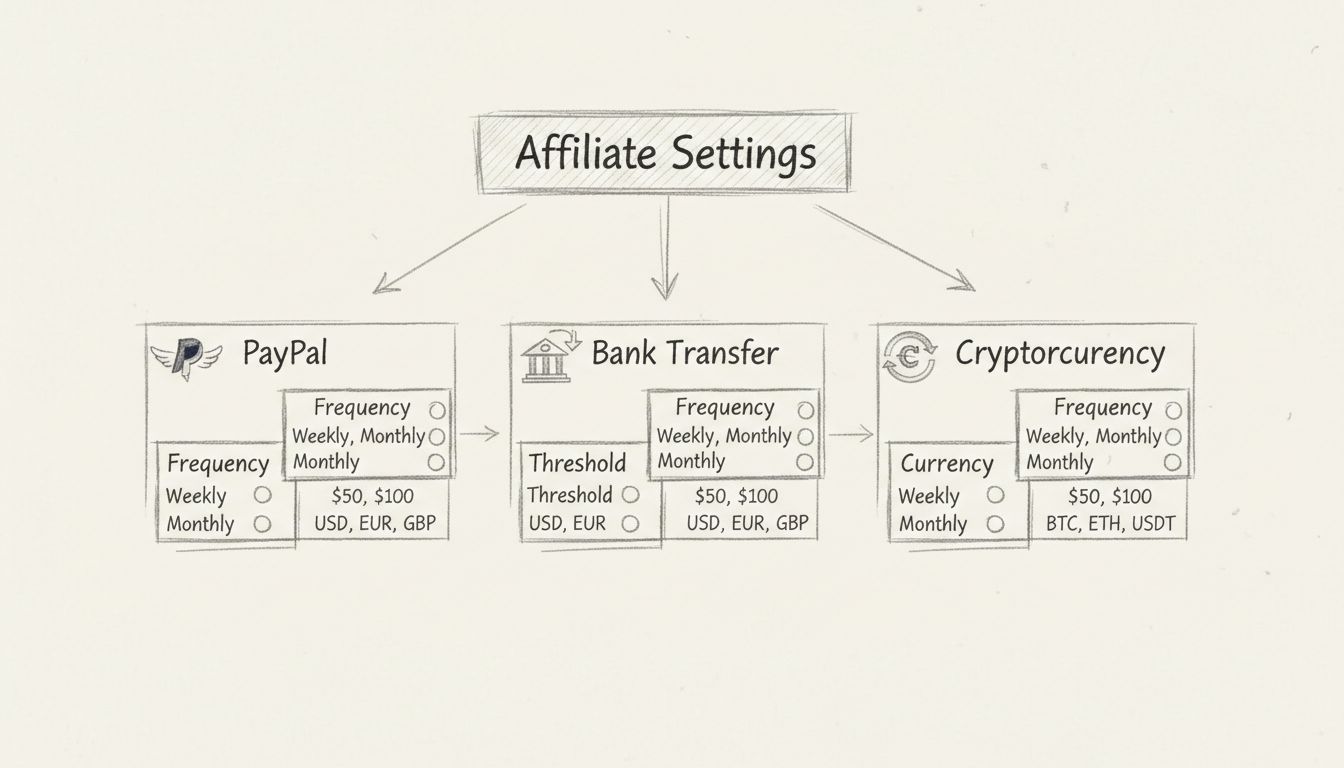Diagrama del flujo de personalización de pagos a afiliados mostrando métodos y opciones de frecuencia de pago