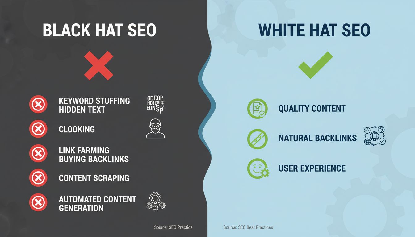 Infografía comparativa de técnicas Black Hat SEO vs White Hat SEO