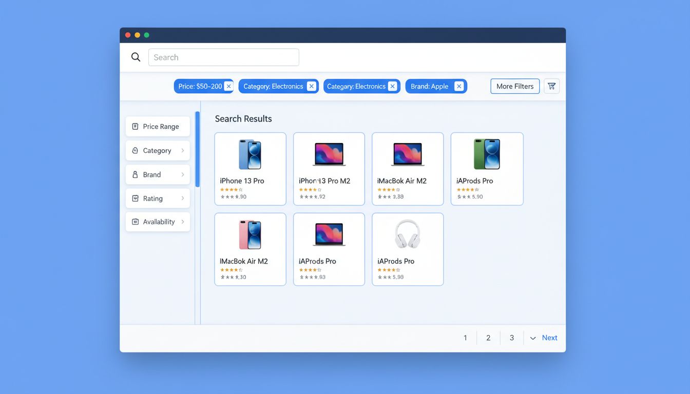 Encabezados avanzados de filtros de búsqueda mostrando filtros seleccionados en la barra de encabezado con el panel de filtros minimizado