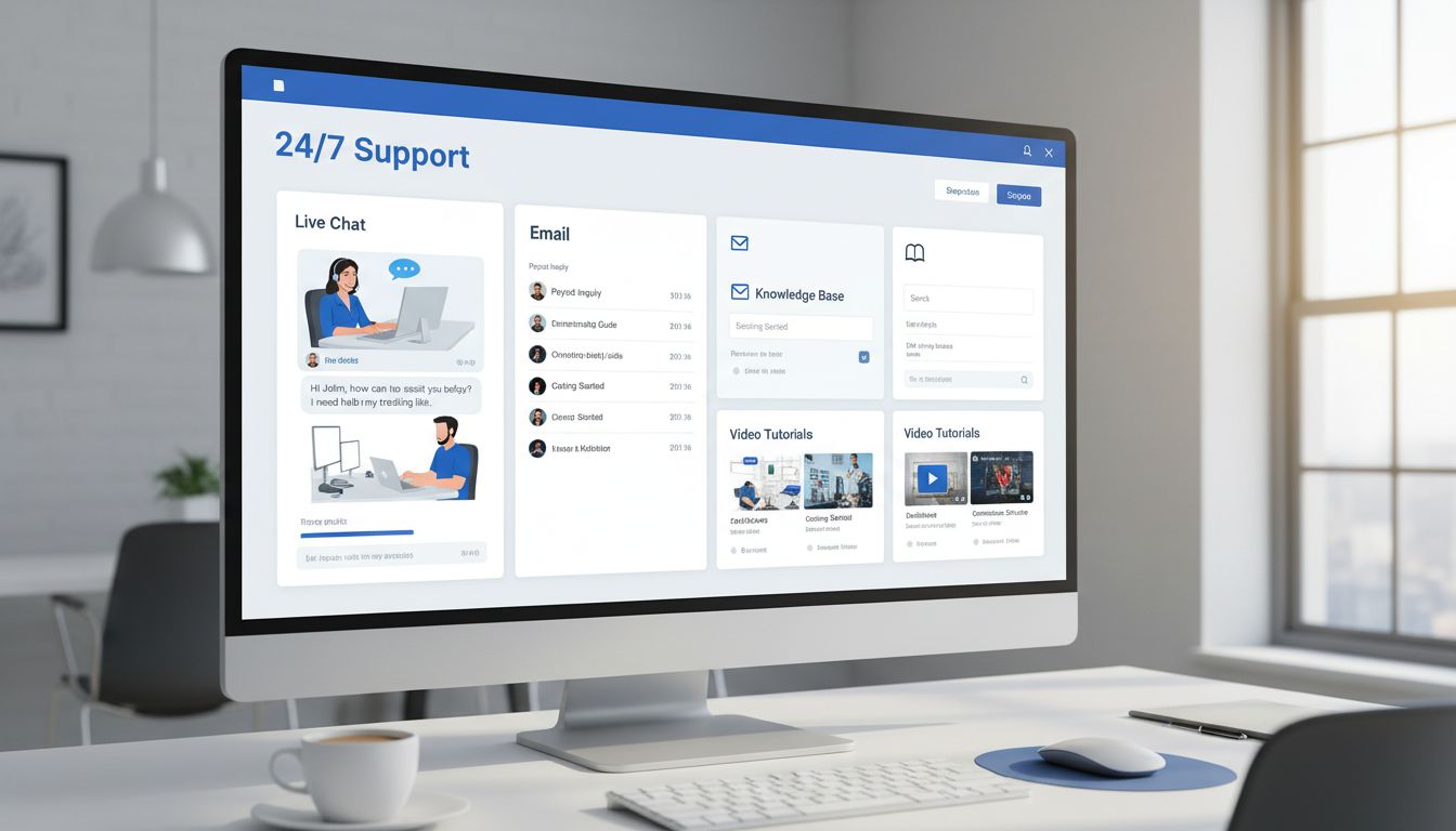 Panel profesional de soporte para afiliados con múltiples canales de comunicación, incluyendo chat en vivo, email, base de conocimientos y tutoriales en video