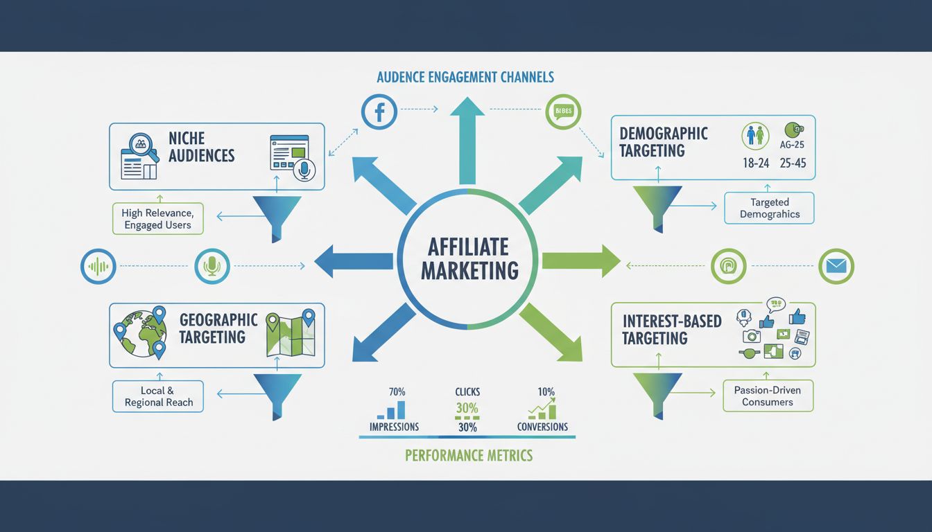 Infografía de segmentación de audiencias en marketing de afiliados que muestra audiencias de nicho, segmentación demográfica, segmentación geográfica y métodos de segmentación por intereses