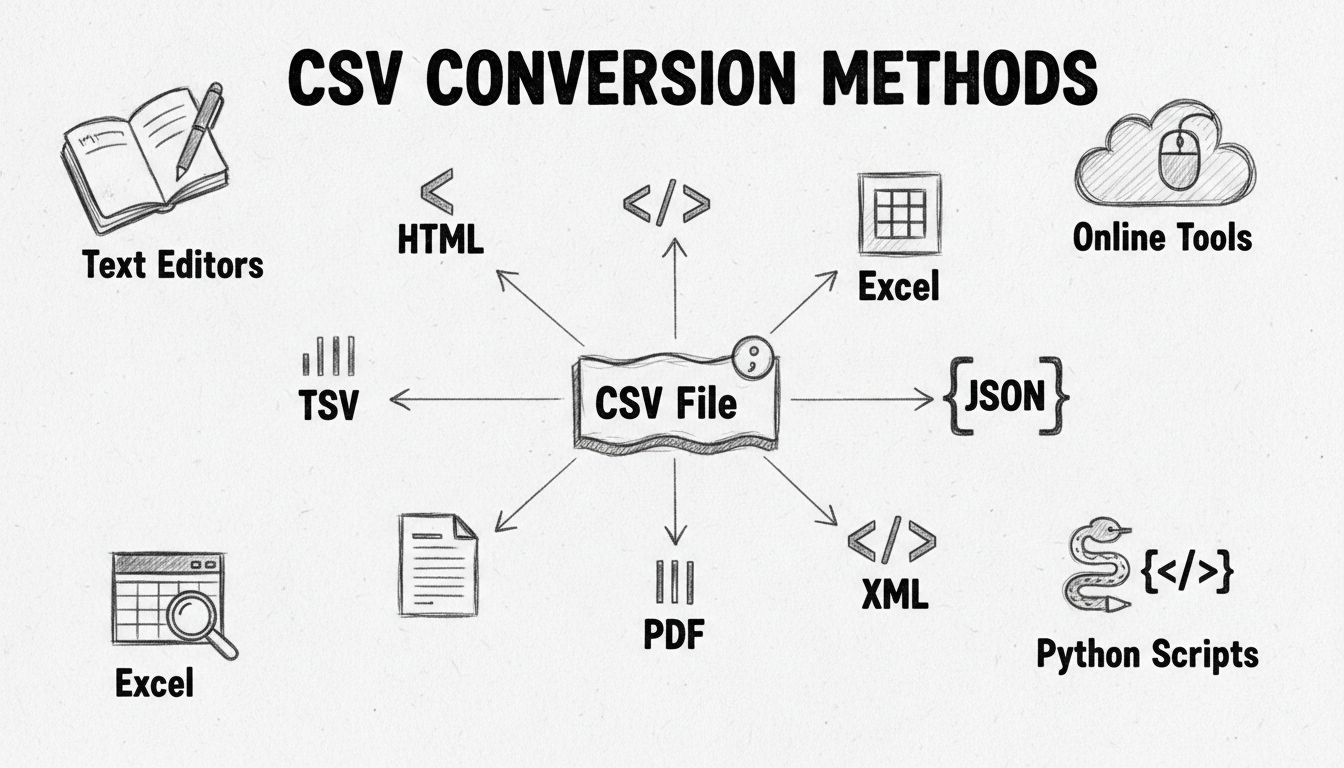 Diagrama de métodos de conversión de CSV mostrando diferentes formatos de salida y herramientas de conversión