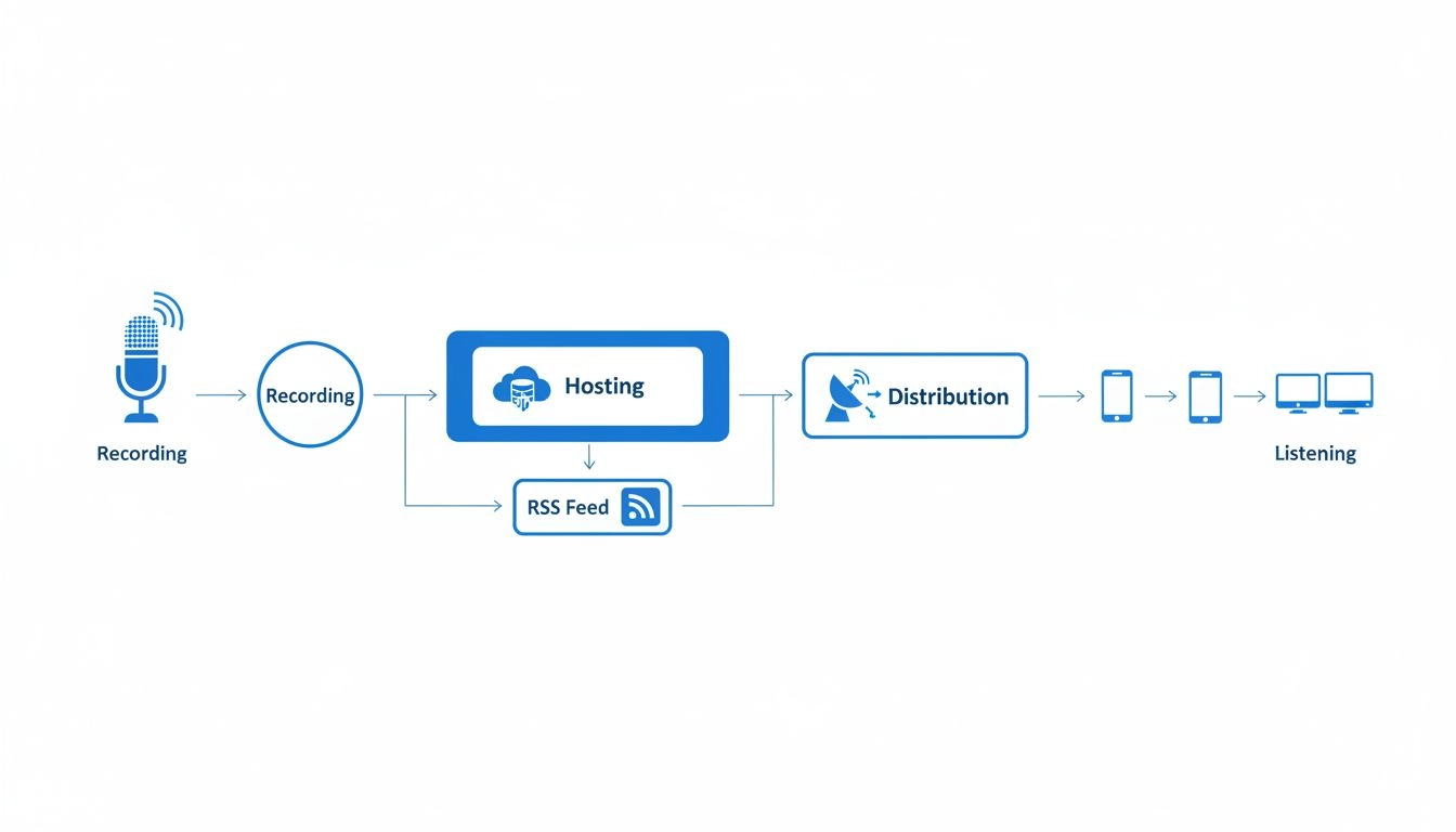 Diagrama del flujo de trabajo del podcasting mostrando grabación, alojamiento, distribución por feed RSS y dispositivos de los oyentes