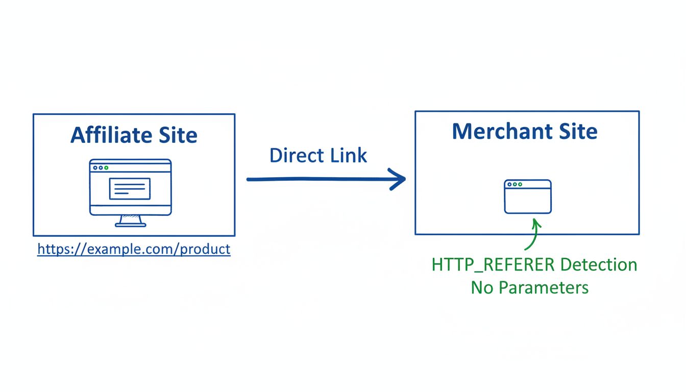 Diagrama de flujo del seguimiento DirectLink que muestra el sitio del afiliado enlazando al sitio del comerciante con detección de HTTP_REFERER