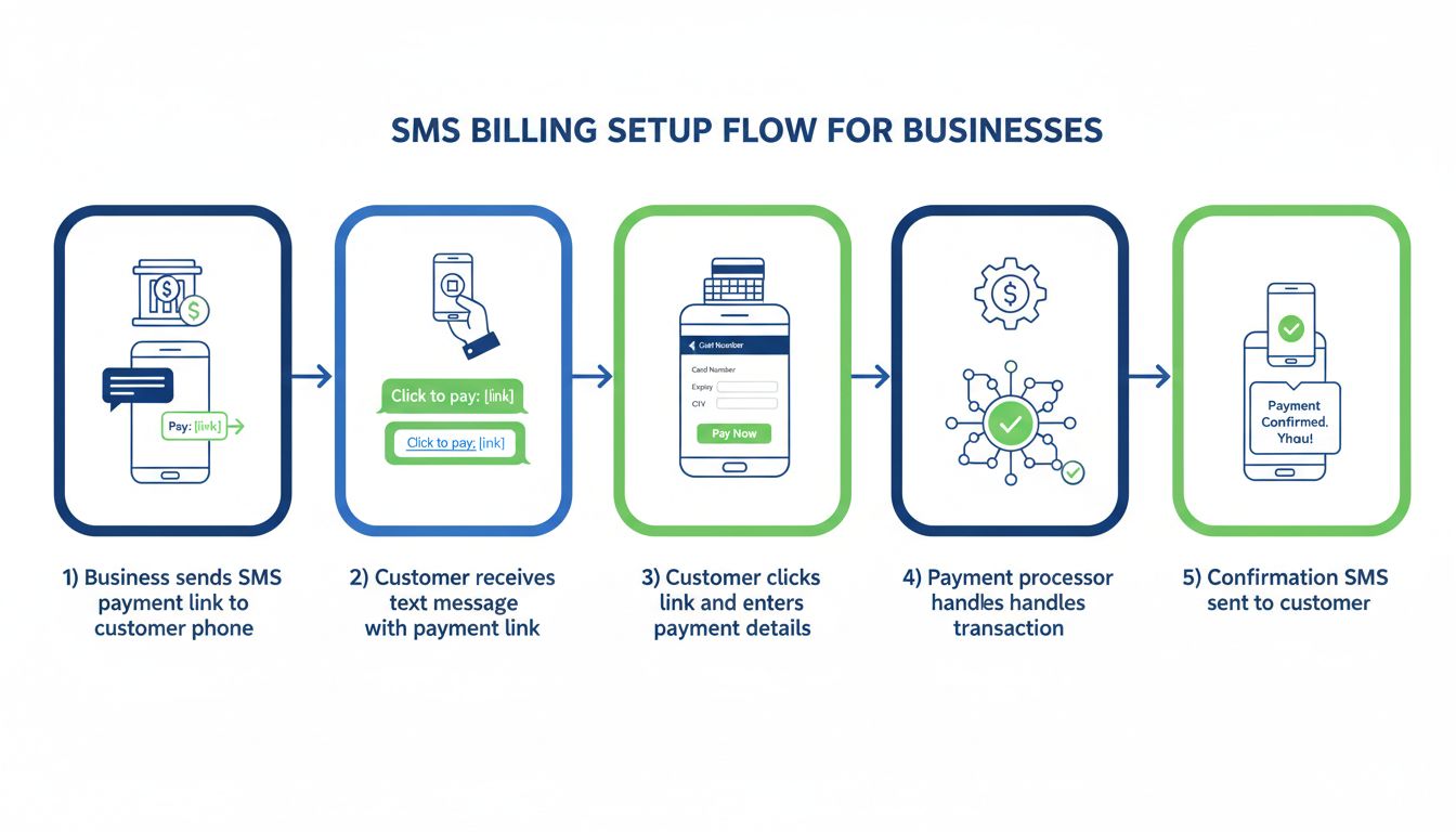 Diagrama del flujo de configuración de facturación por SMS mostrando 5 pasos desde el envío del enlace de pago hasta la confirmación del cliente