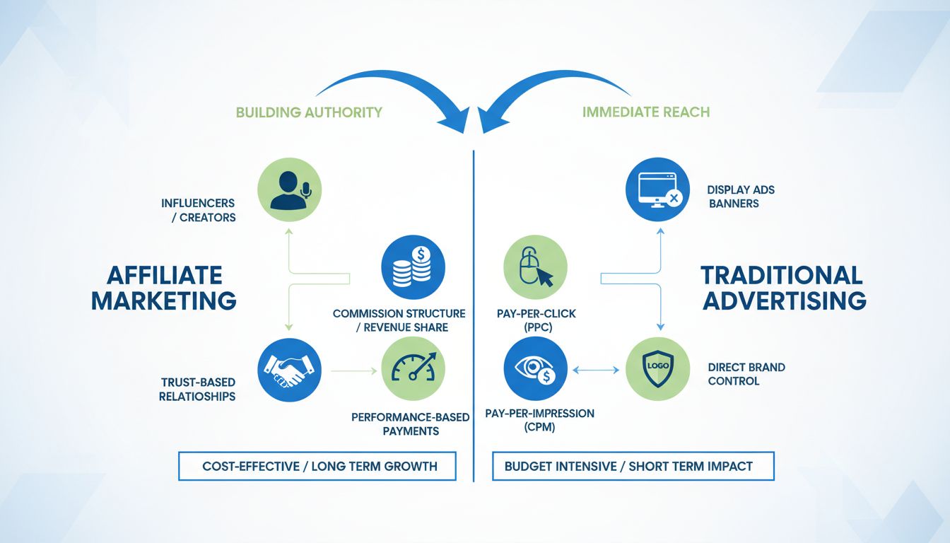 Diagrama comparativo de los modelos de marketing de afiliados vs publicidad mostrando estructuras de pago y tipos de relación