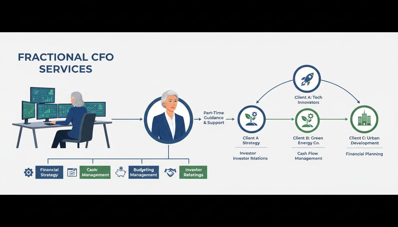 CFO Fraccional proporcionando servicios financieros como gestión de flujo de caja, presupuestación, estrategia financiera, gestión de riesgos y relaciones con inversores