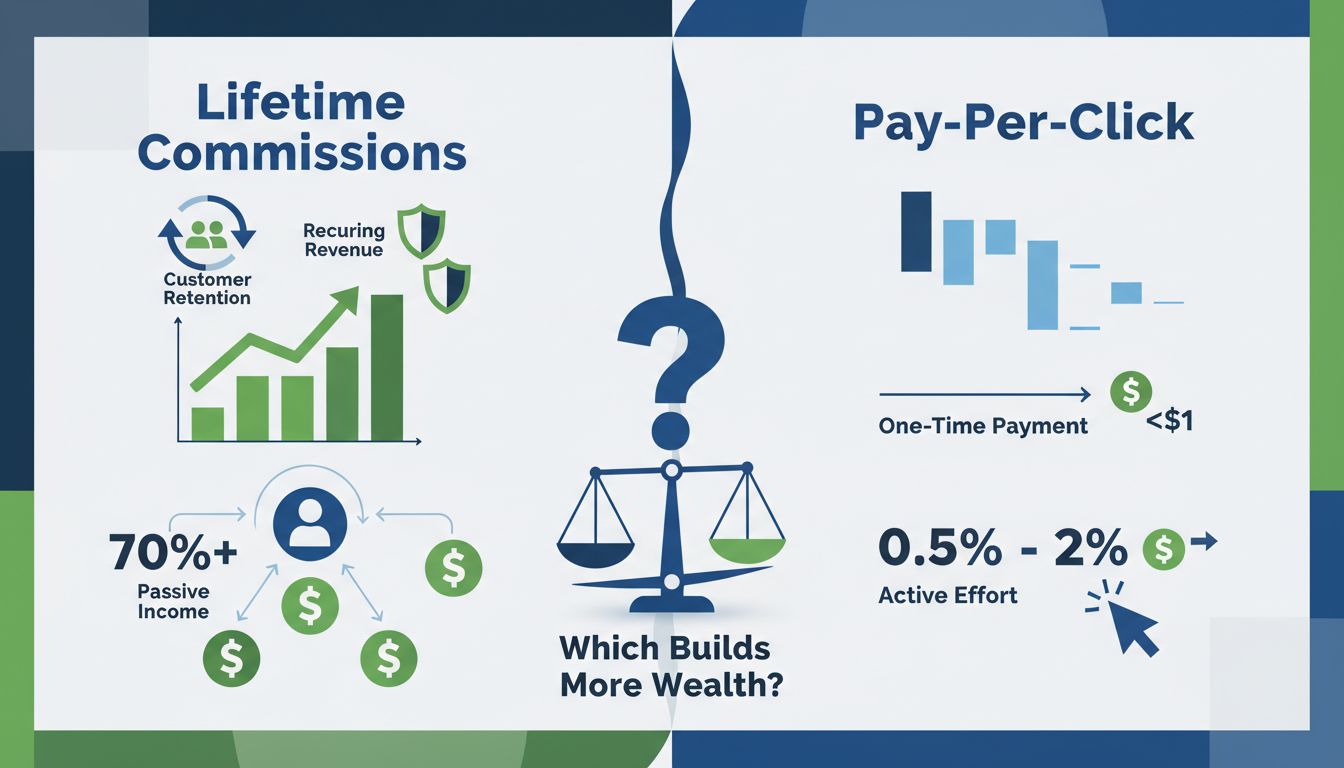 Infografía comparativa de comisiones de por vida versus modelos de afiliados de pago por clic mostrando ingresos recurrentes y pagos únicos