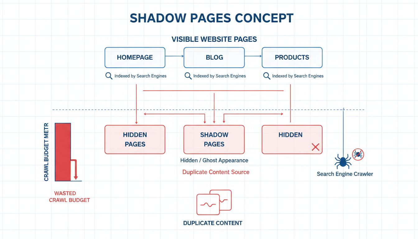 Diagrama técnico que muestra el concepto de páginas fantasma con páginas indexadas visibles y páginas fantasma ocultas desperdiciando presupuesto de rastreo