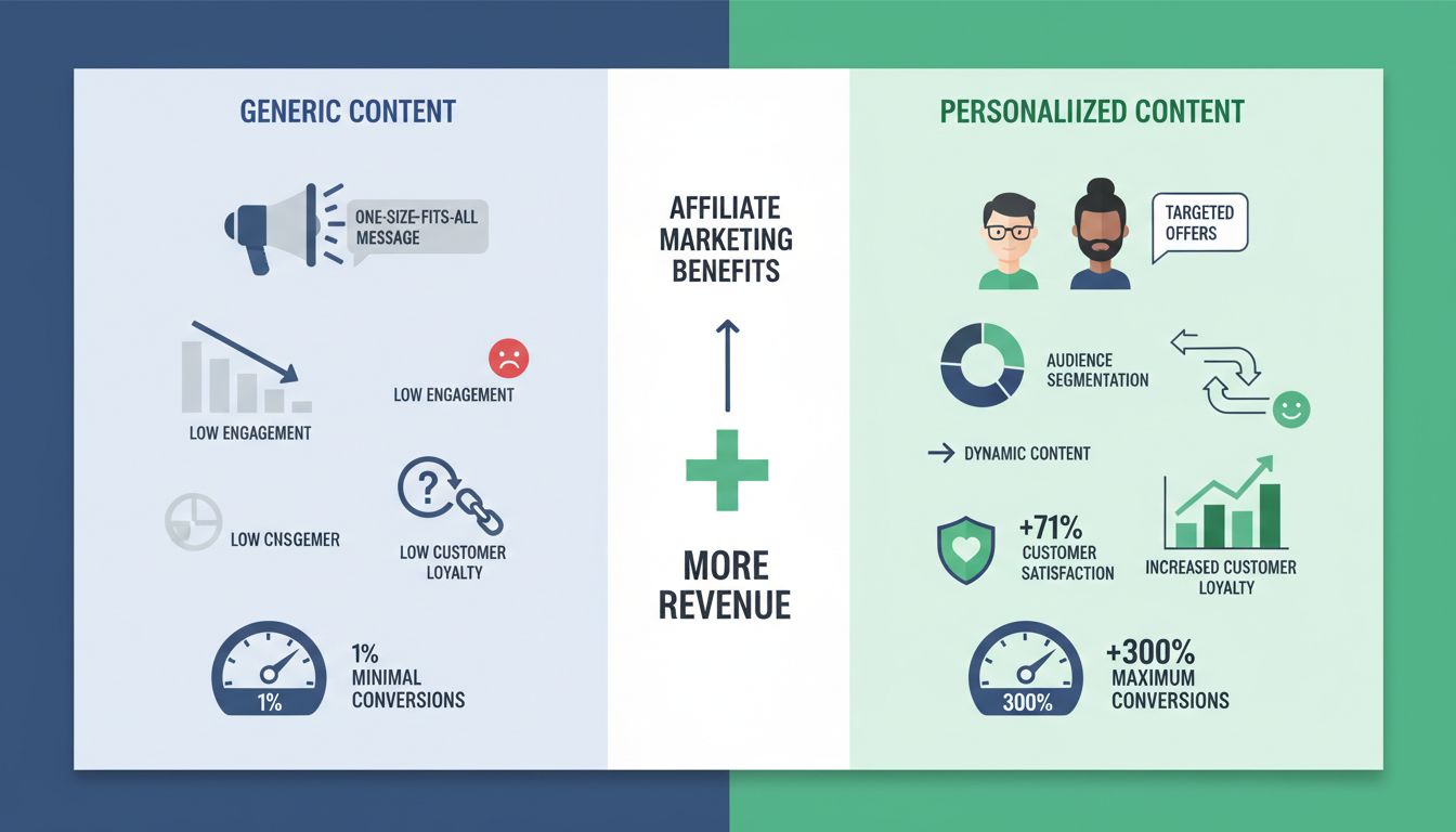 Comparación de beneficios de la personalización de contenido mostrando marketing genérico vs personalizado con métricas de conversión