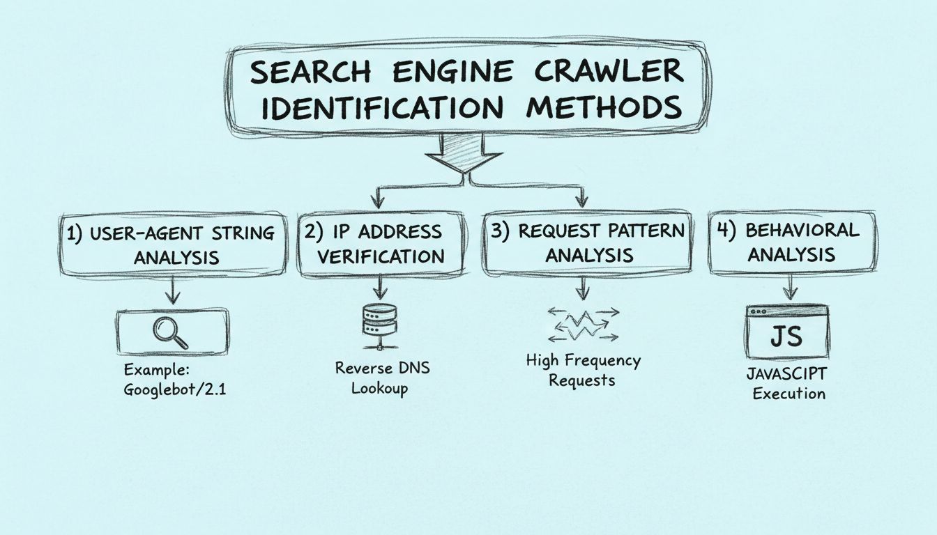 Diagrama dibujado a mano que muestra cuatro métodos para identificar rastreadores de motores de búsqueda: análisis de cadena User-Agent, verificación de dirección IP, análisis de patrones de solicitud y análisis de comportamiento