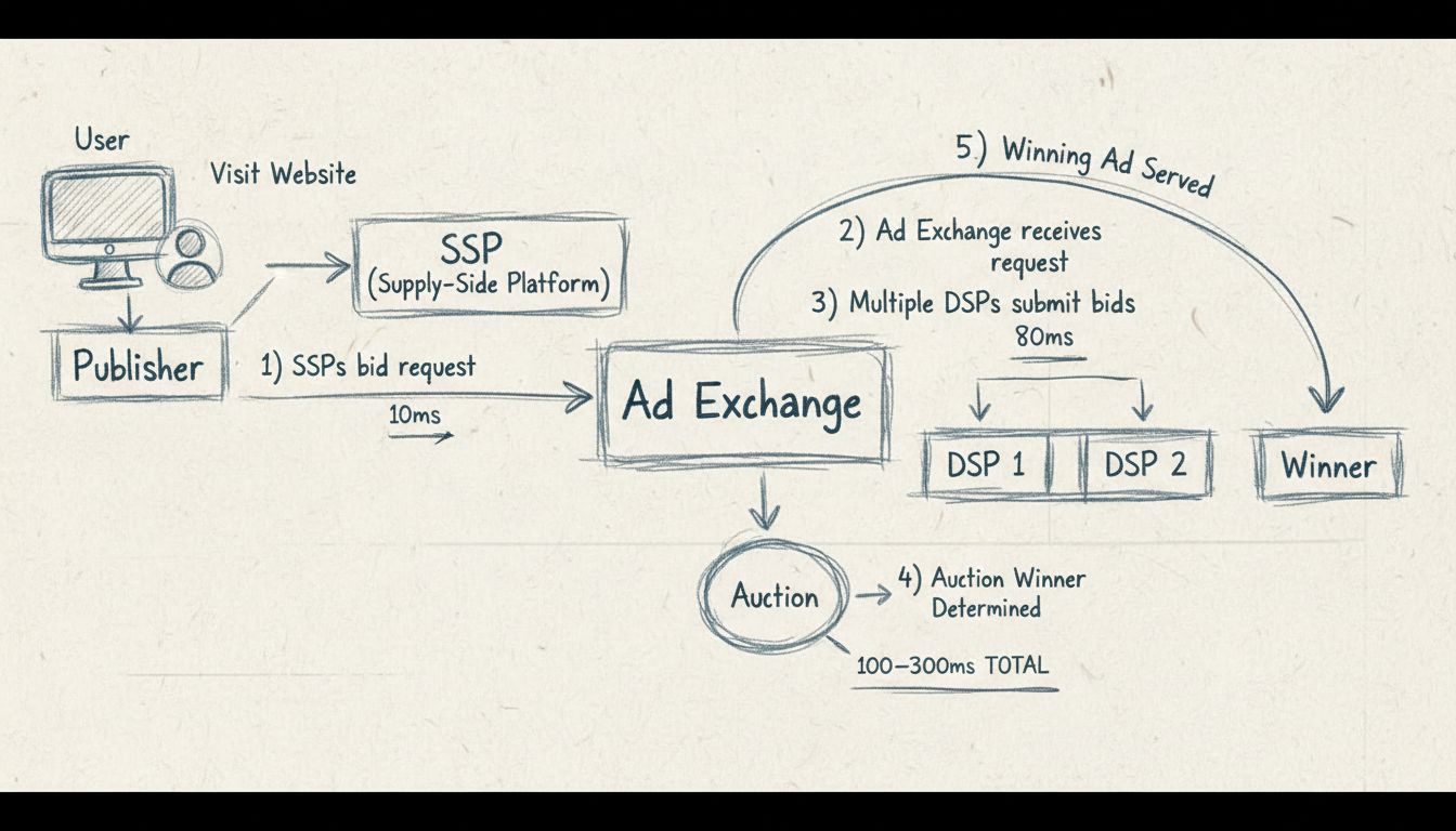 Diagrama de flujo del proceso de subasta en tiempo real mostrando usuario, SSP del editor, ad exchange, múltiples DSPs pujando simultáneamente y entrega del anuncio ganador en 100-300ms