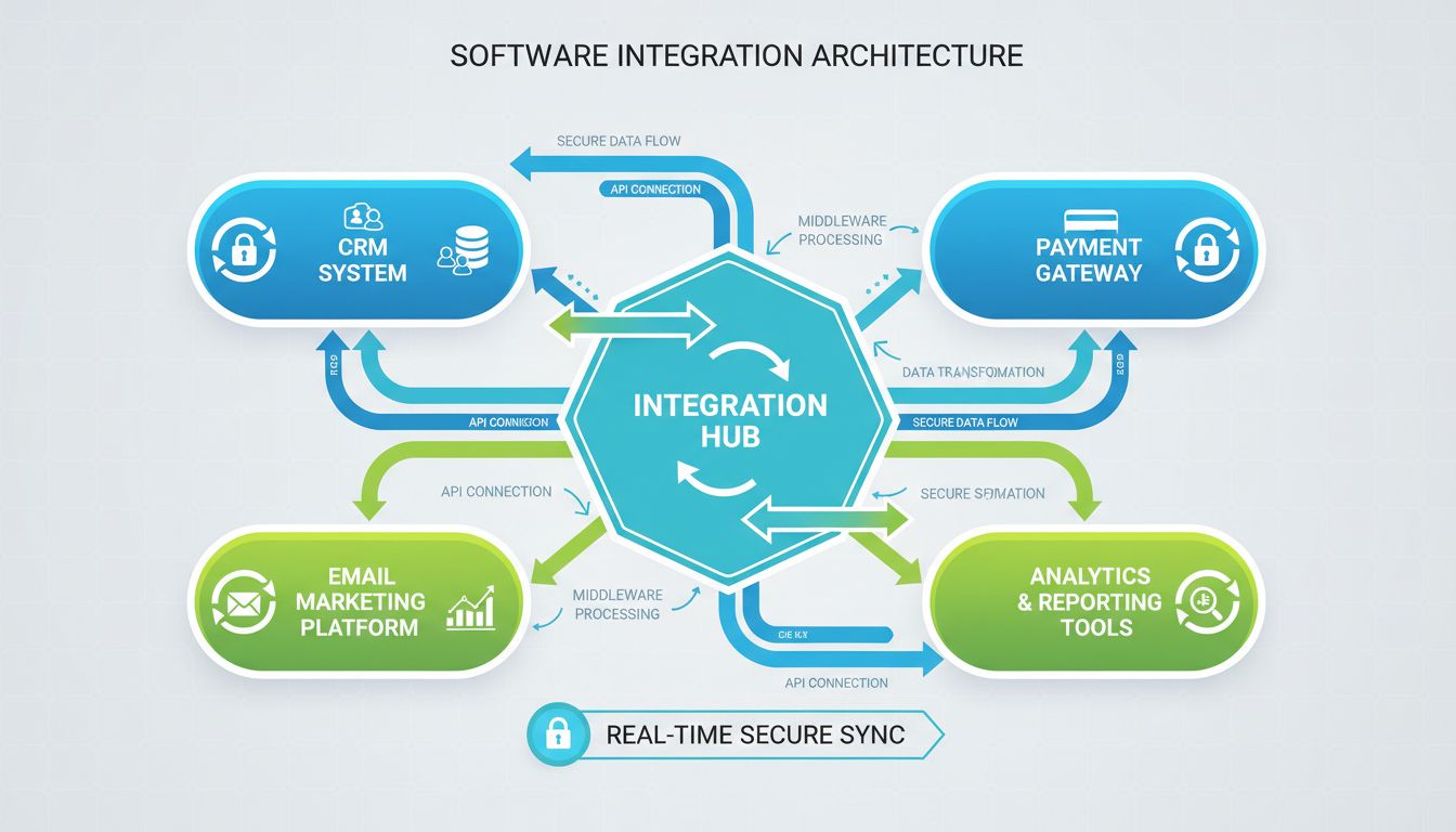 Diagrama de arquitectura de integración de software que muestra CRM, Email Marketing, Pasarela de Pago y herramientas de Analítica conectadas a través de un hub central de integración con APIs y sincronización en tiempo real