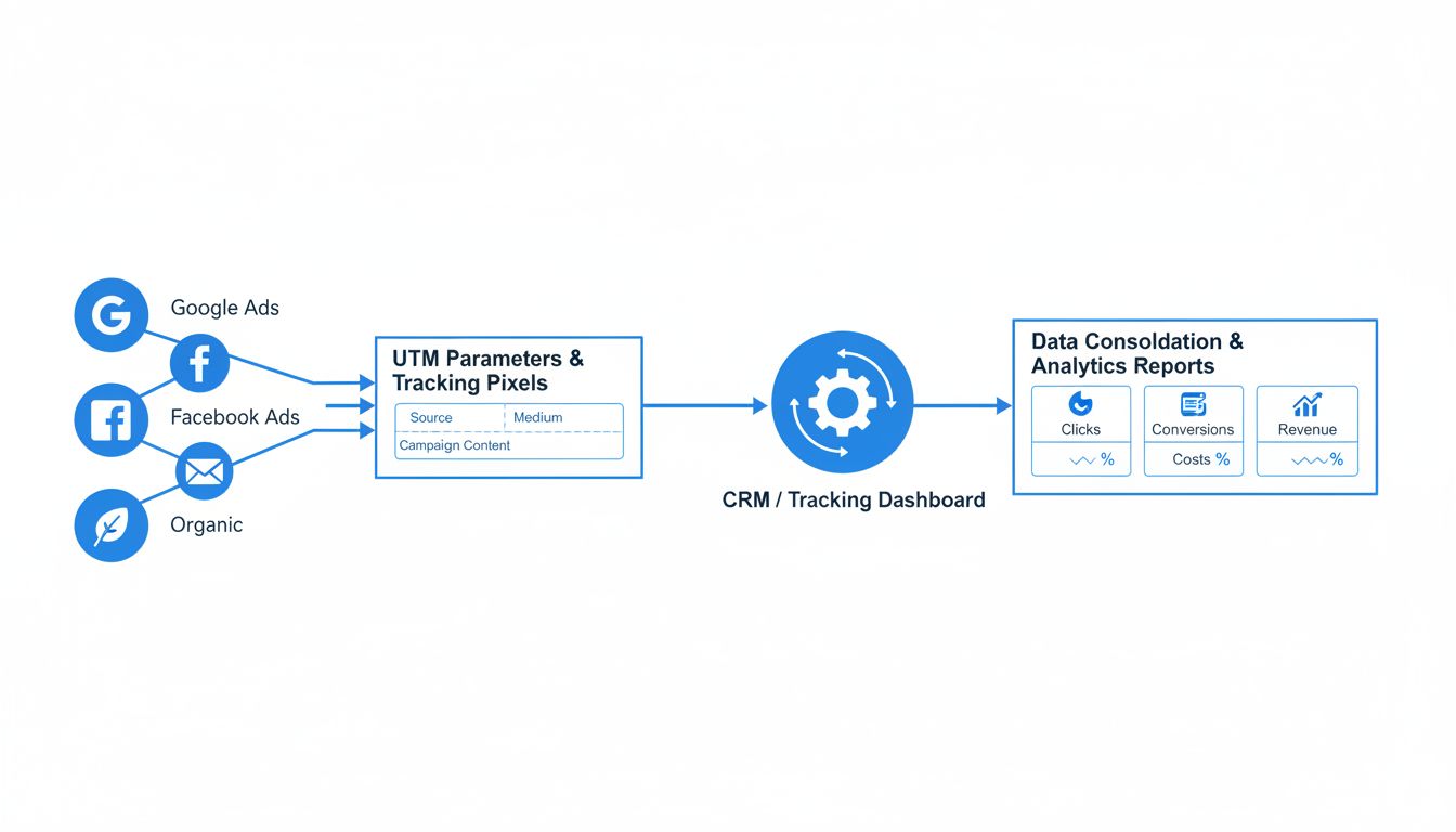 Arquitectura de sistema de seguimiento multicanal mostrando el flujo de datos desde múltiples fuentes a través de parámetros UTM hacia un panel central de seguimiento