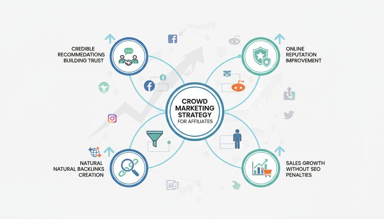 Diagrama de beneficios del crowd marketing mostrando confianza, tráfico de calidad, backlinks, reputación y crecimiento en ventas