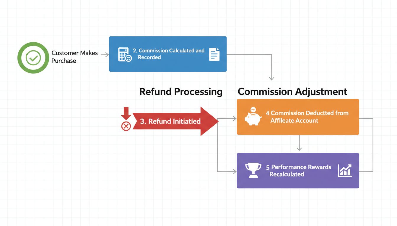 Diagrama del flujo de seguimiento de comisiones y manejo de reembolsos mostrando compra, cálculo de comisión, procesamiento de reembolso y recálculo de recompensas por desempeño