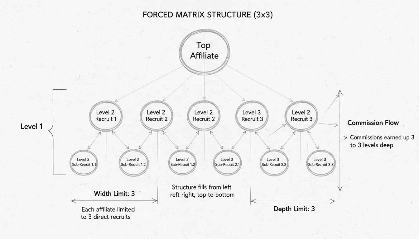 Diagrama de estructura de Matriz Forzada 3x3 mostrando limitaciones de anchura y profundidad con flujo de comisiones