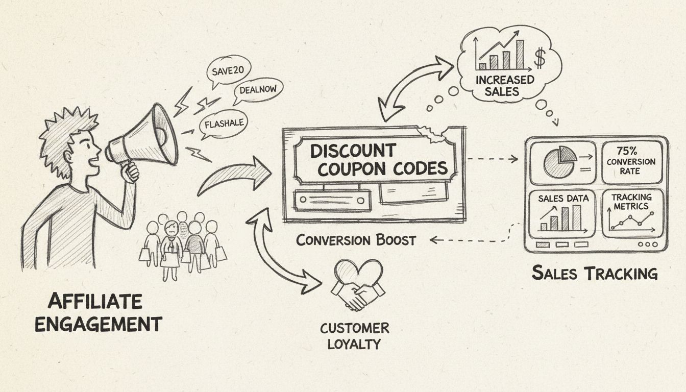 Diagrama a mano alzada que muestra los beneficios de los cupones de afiliados, incluyendo compromiso, aumento de conversiones, seguimiento de ventas y lealtad del cliente