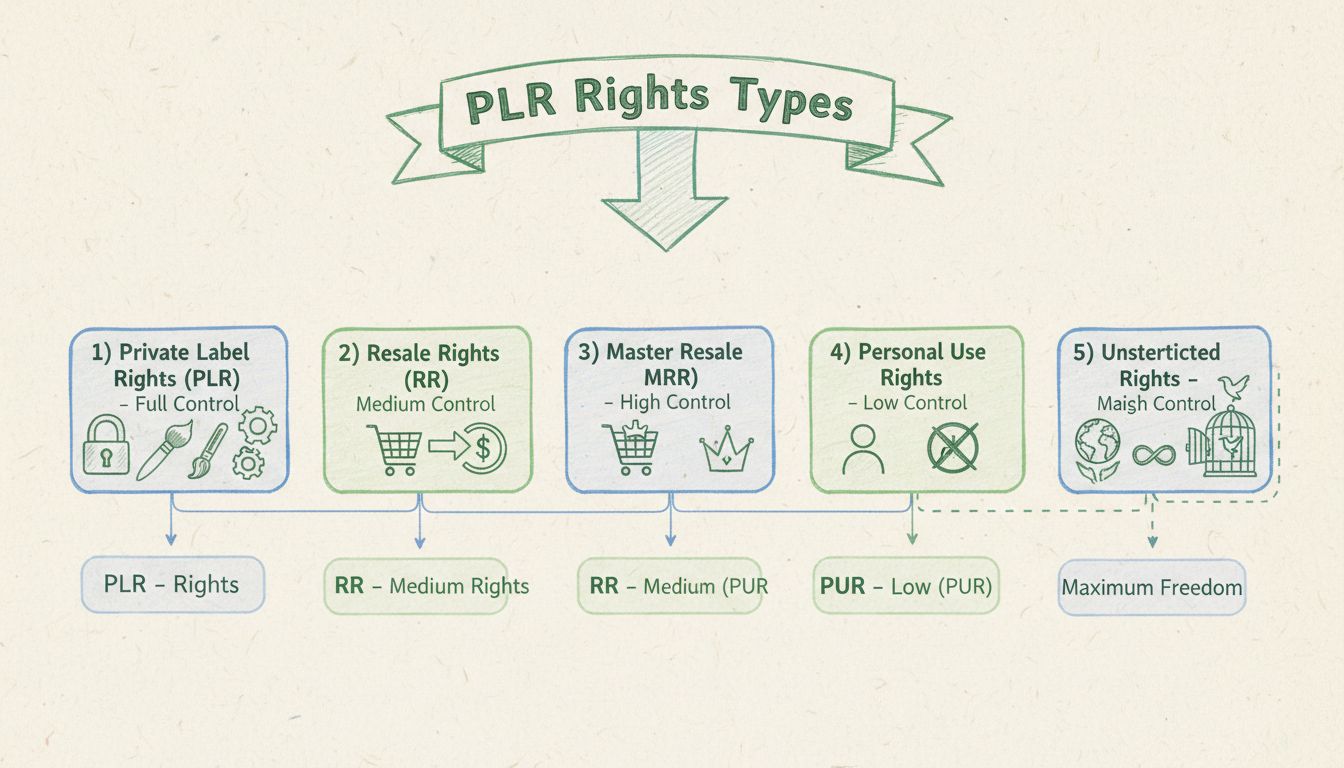 Diagrama que muestra 5 tipos de derechos PLR con sus niveles de control y libertades