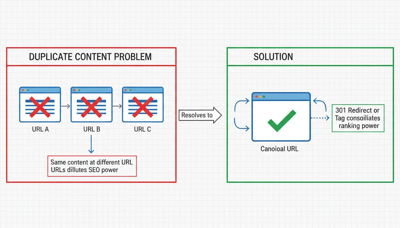 Diagrama del problema de contenido duplicado versus la solución, mostrando múltiples URLs con marcas X rojas en el lado izquierdo y una sola URL canónica con marca de verificación verde en el lado derecho