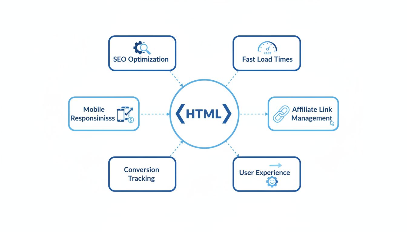 Beneficios del HTML para afiliados - Diagrama técnico mostrando SEO, adaptabilidad móvil, seguimiento de conversiones, velocidad de carga, gestión de enlaces de afiliado y experiencia de usuario
