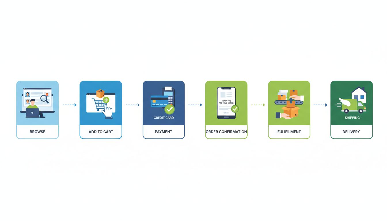 Diagrama de flujo de trabajo de e-commerce que muestra la navegación del cliente, carrito de compras, procesamiento de pagos, confirmación de pedido y pasos de entrega