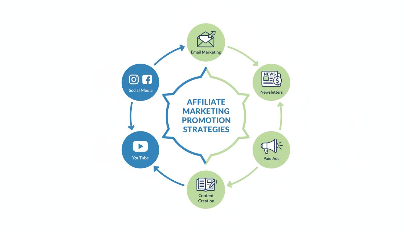 Canales de promoción en marketing de afiliados, incluyendo redes sociales, email marketing, creación de contenido, YouTube, anuncios pagados y newsletters