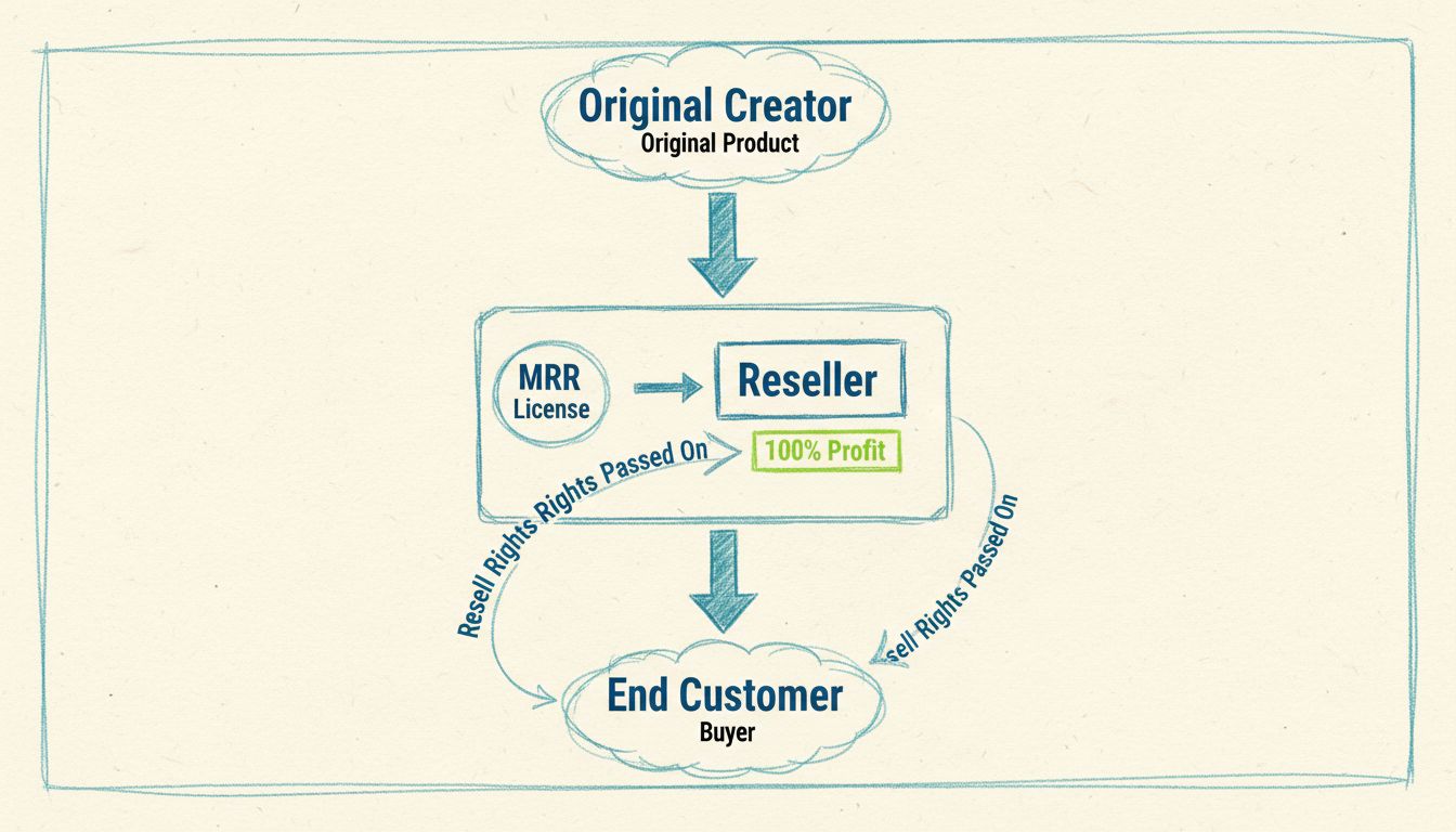 Diagrama de flujo del modelo de negocio de Derechos de Reventa Maestra mostrando cómo los derechos de reventa pasan del creador original a través de revendedores hasta los clientes finales