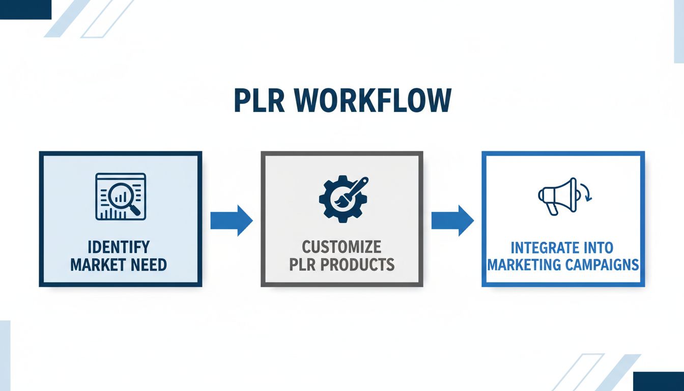 Diagrama de flujo de trabajo PLR mostrando identificación de mercado, personalización de producto e integración de marketing