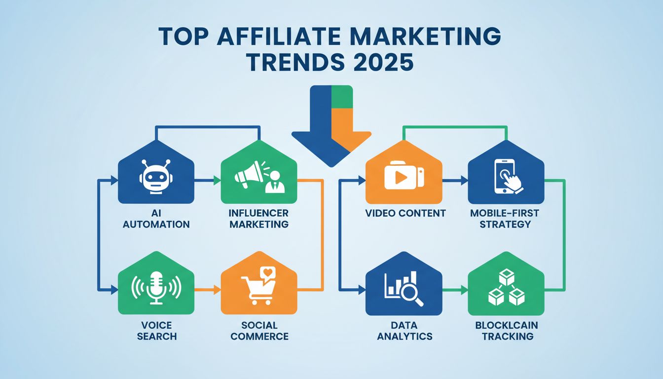 Principales tendencias de marketing de afiliación 2025: automatización con IA, marketing de influencers, contenido en video, estrategia mobile-first, búsqueda por voz, social commerce, analítica de datos y blockchain