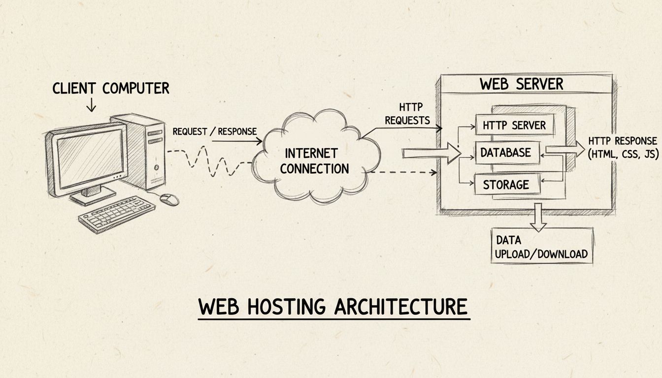Diagrama de arquitectura de hosting web que muestra computadora cliente, conexión a internet y servidor web con componentes de almacenamiento y base de datos