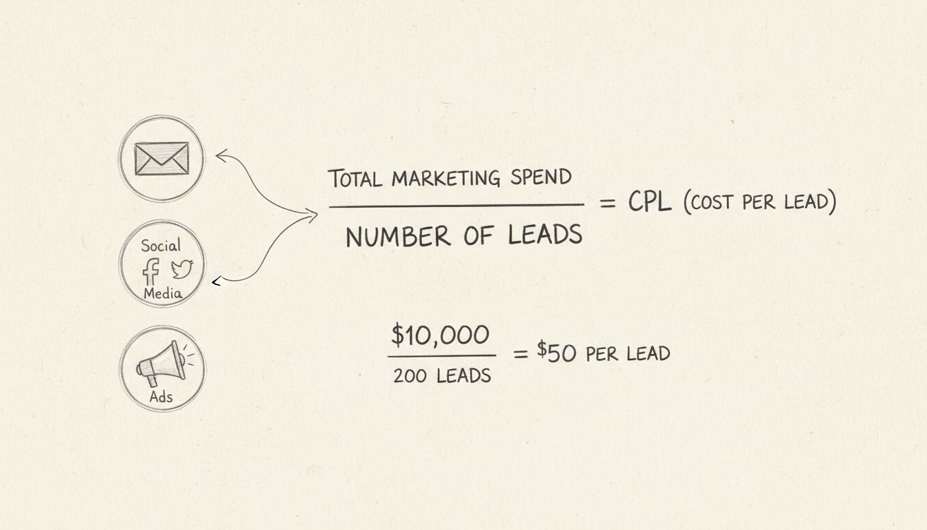 Diagrama de la fórmula de cálculo de costo por lead que muestra el gasto total de marketing dividido por el número de leads